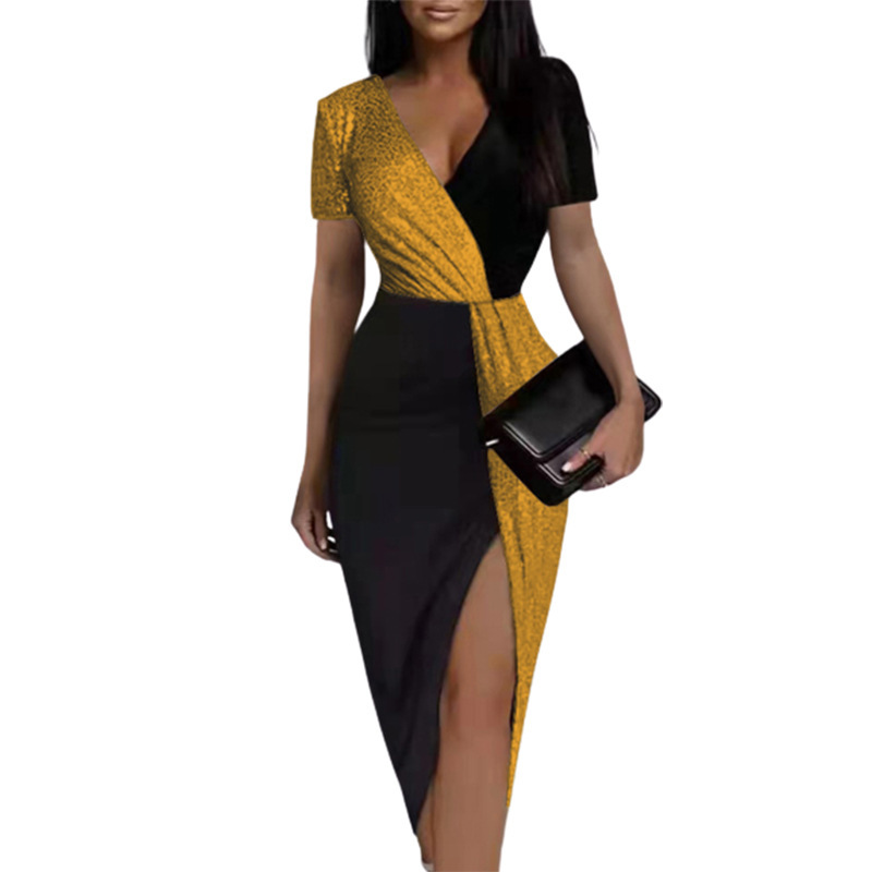 Color-Block Sequin V-Neck Short-Sleeve Dress