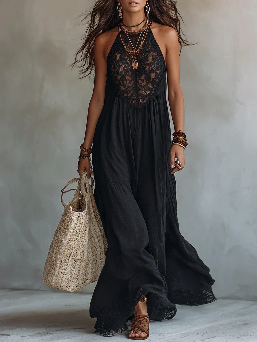 Black Lace Panel Sleeveless Maxi Dress Loose Vacation Style