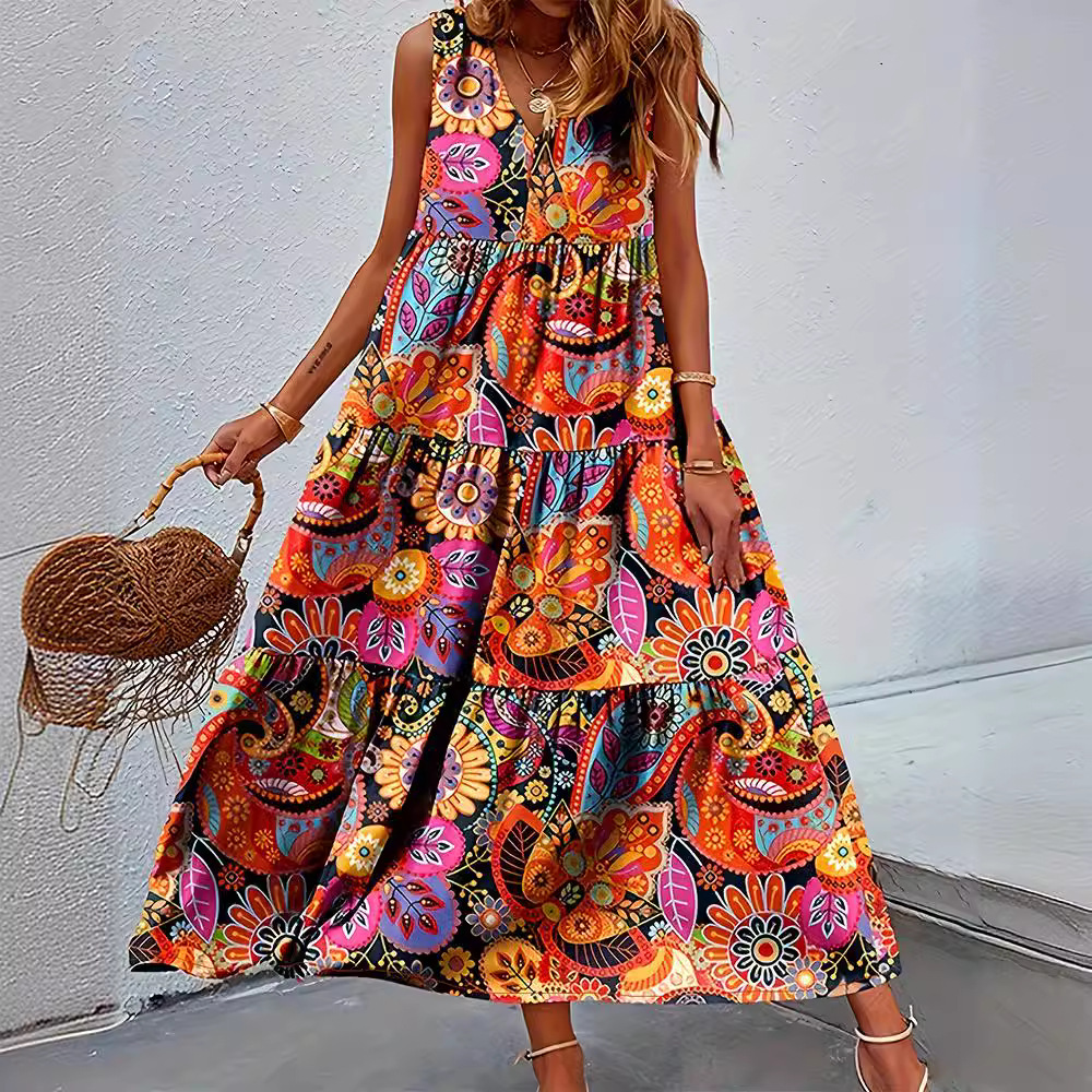 Floral Print V-Neck Sleeveless Maxi Dress
