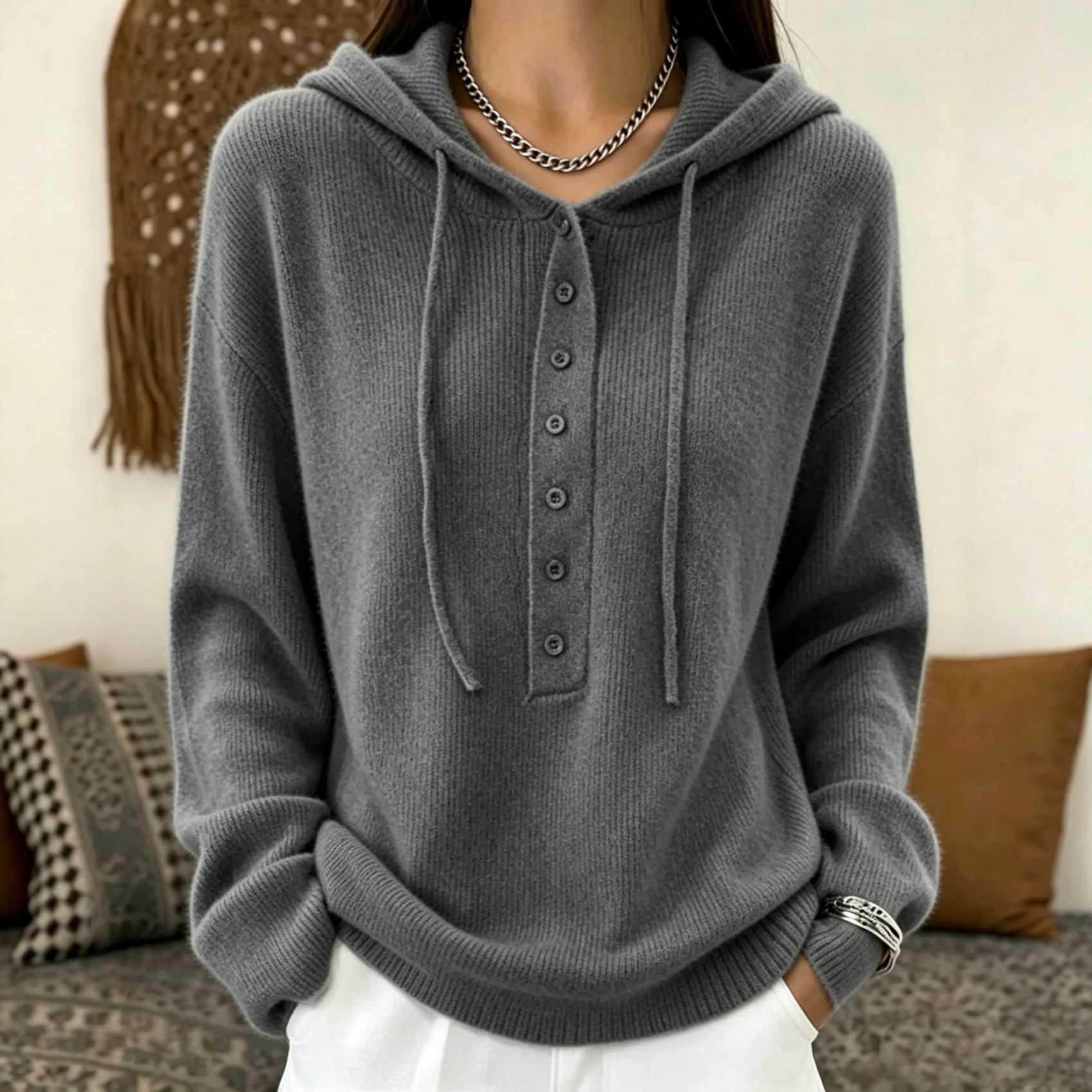 Women's Solid Color Long Sleeve Hooded Lace-Up Knit Pullover Sweater