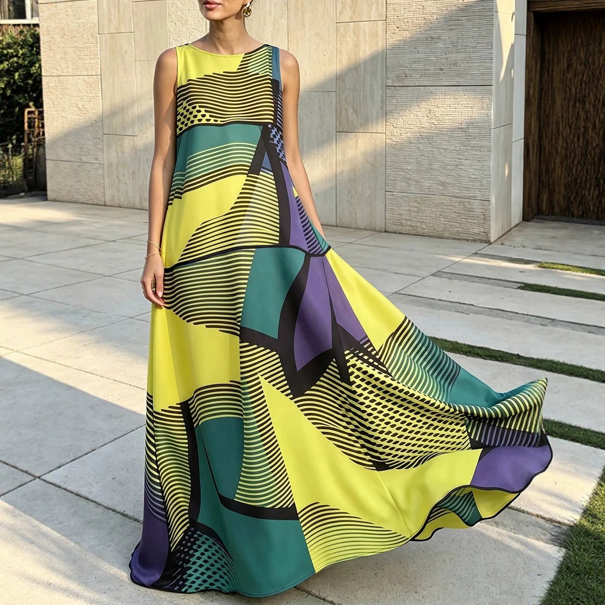 Color-Block Geometric Stripe Print Sleeveless Maxi Dress