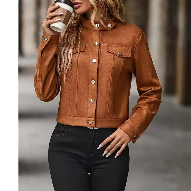 Suede Women's Cropped Jacket Solid Color Casual Stand Collar Coat