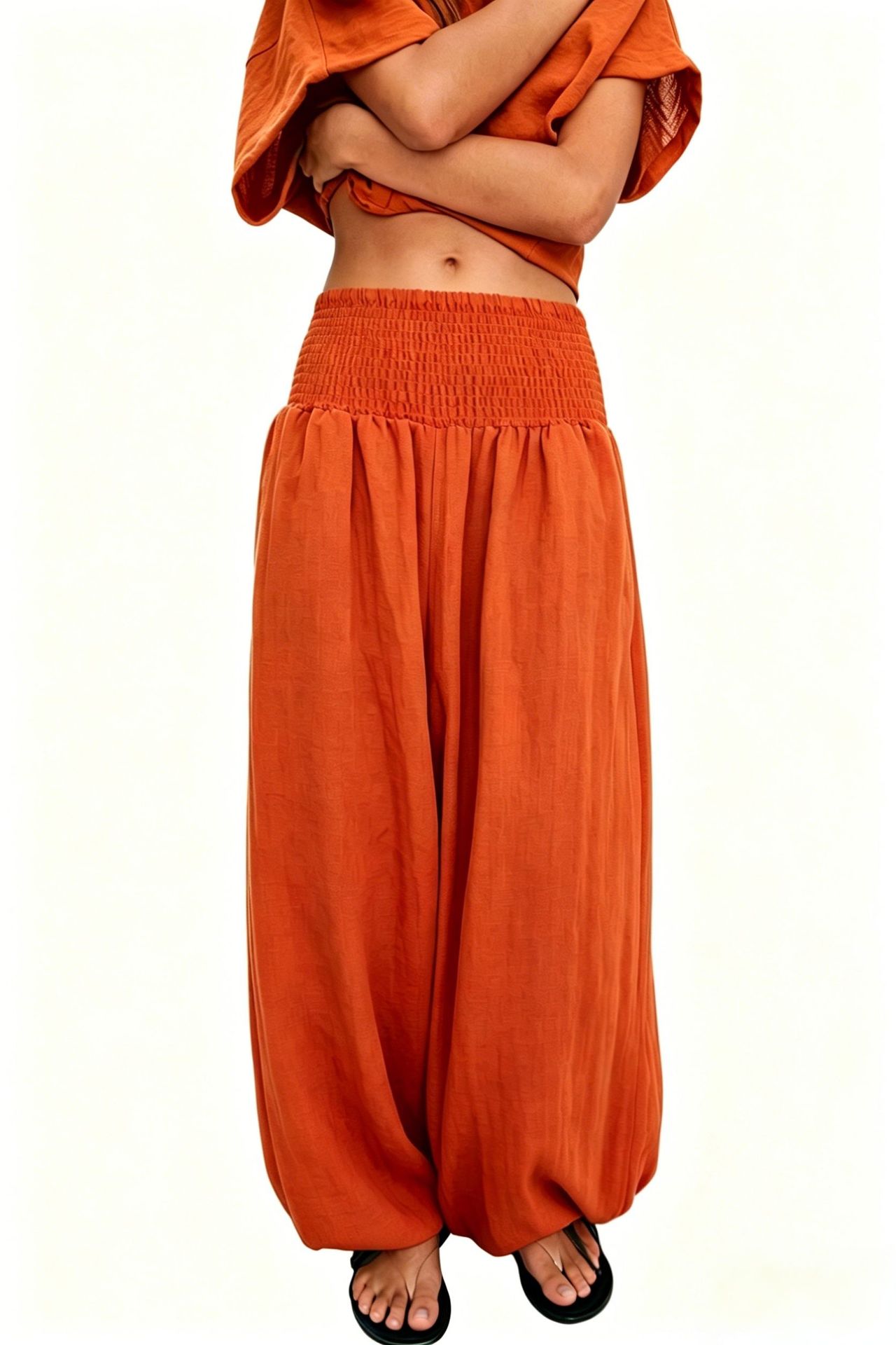 2026 Amazon New Hot-Seller Cross-Border Women's High-Waist Smocked Solid Color Cotton-Linen Fashion Casual Lantern Pants Wide-Leg Women