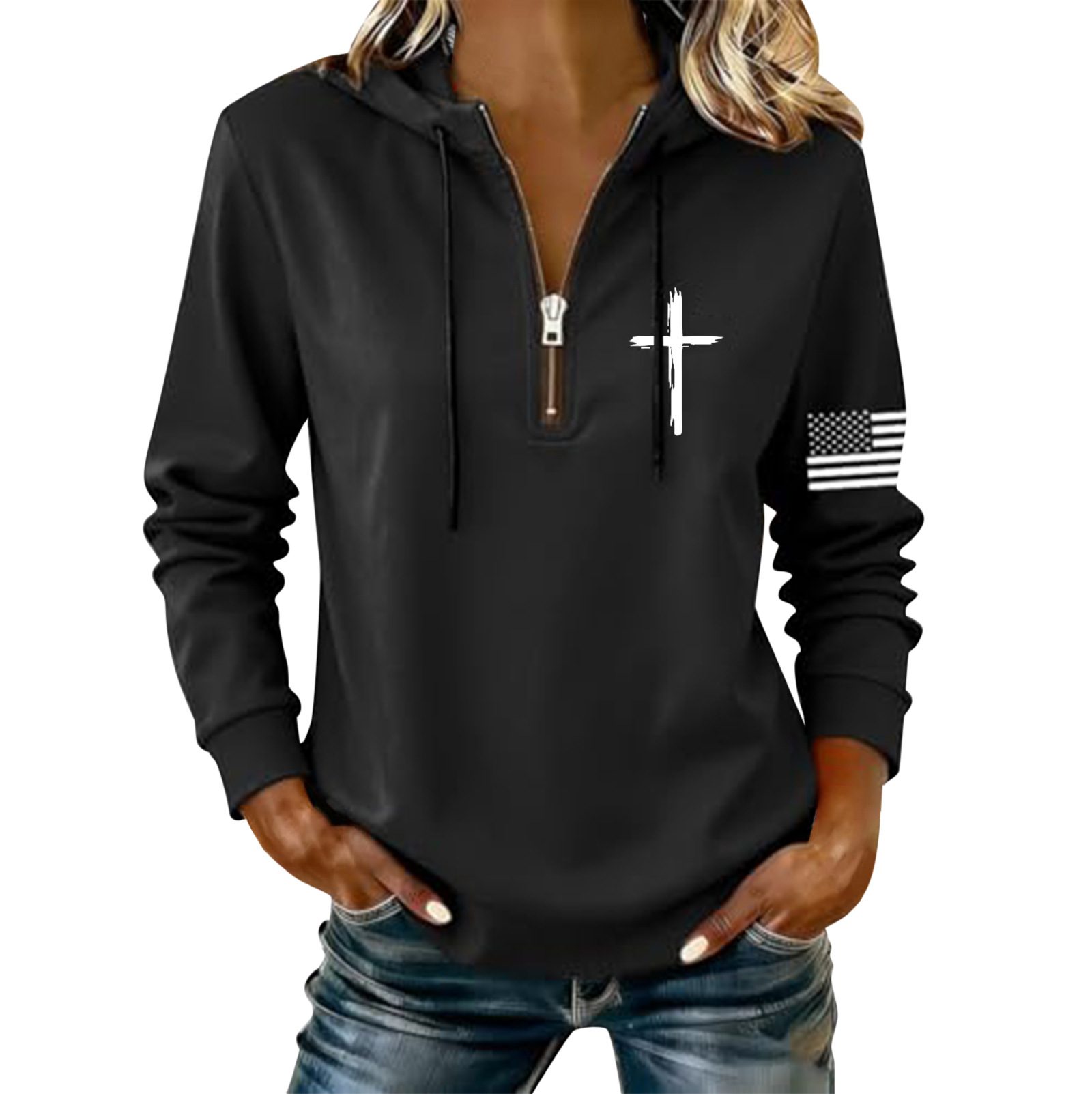 Women's Cross & American Flag Print Half-Zip Sweatshirt
