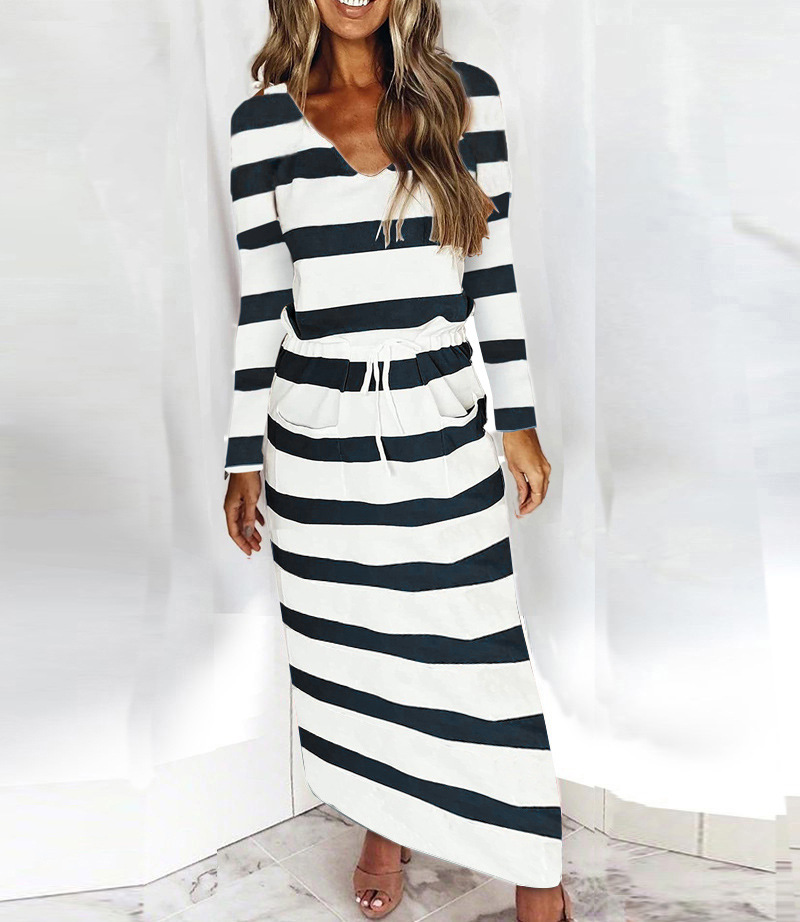 Women's V-Neck Striped Print Long Sleeve Loose Long Dress