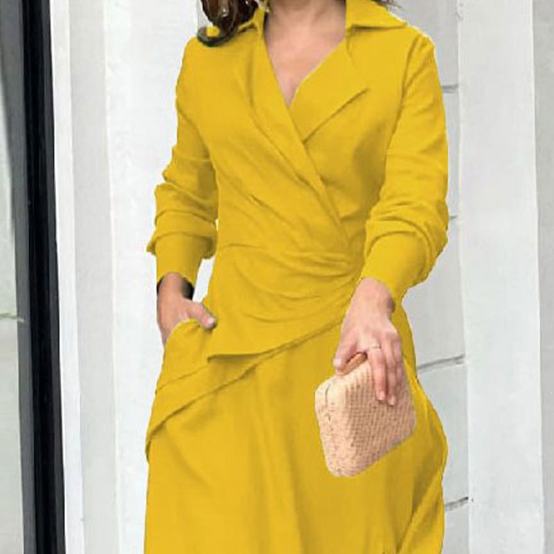 Women's Solid V-Neck Waist-Cinched Slit Midi Dress