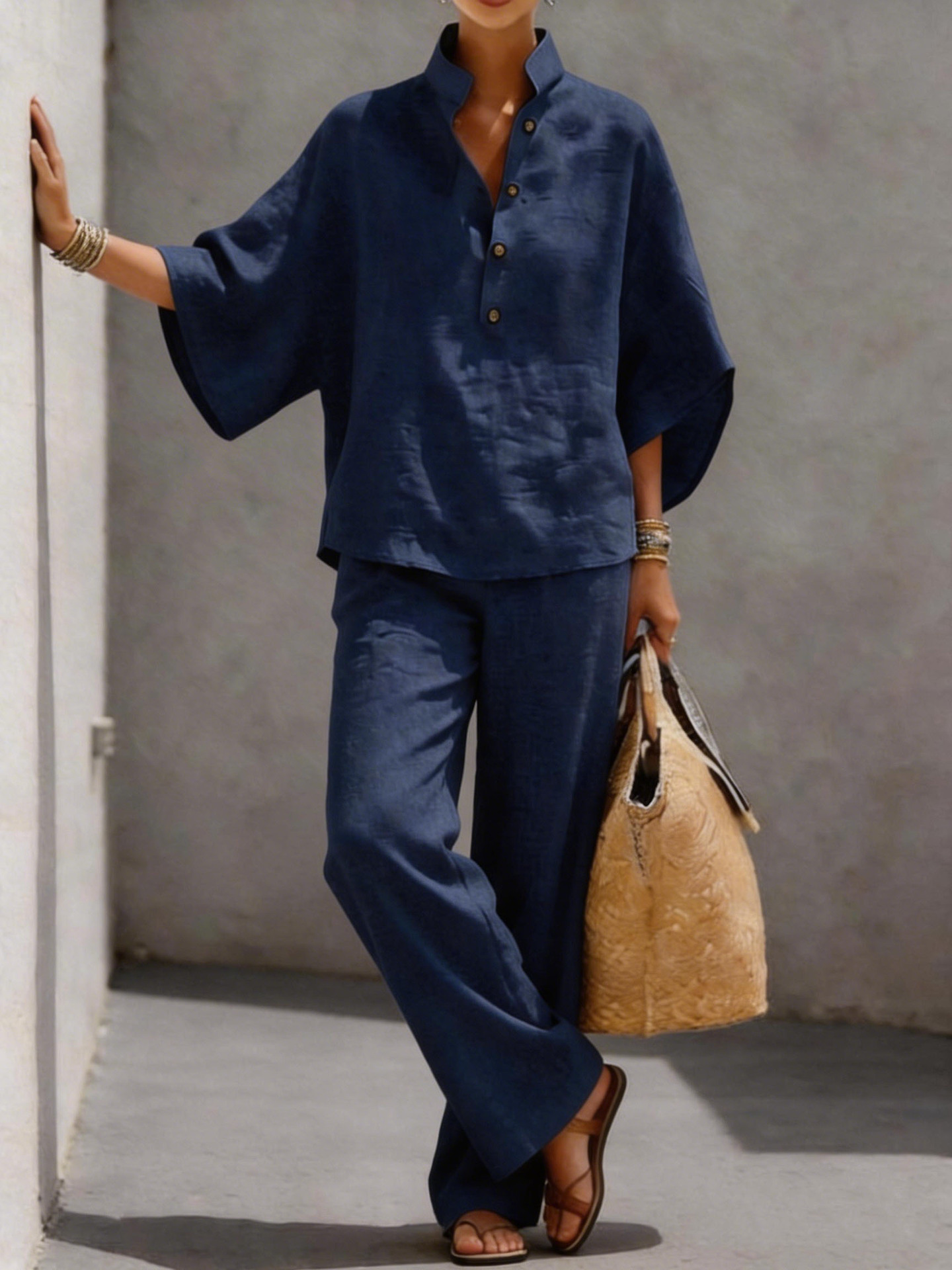 Women's Cotton-Linen Shirt and Pants Two-Piece Set