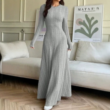 Women's Ribbed Knit Crewneck Long Sleeve Slim Fit A-Line Maxi Dress
