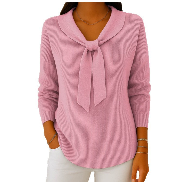 Bow Knit Sweater Solid Color Doll Collar Pullover
