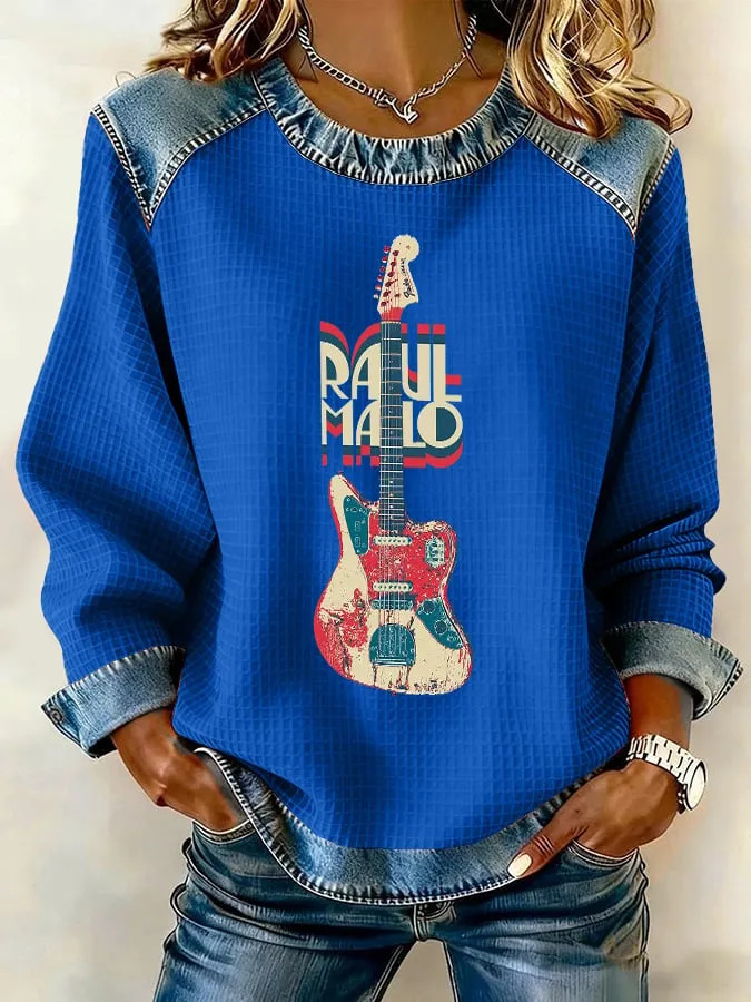 Women's Letter Guitar Print Crewneck Sweatshirt