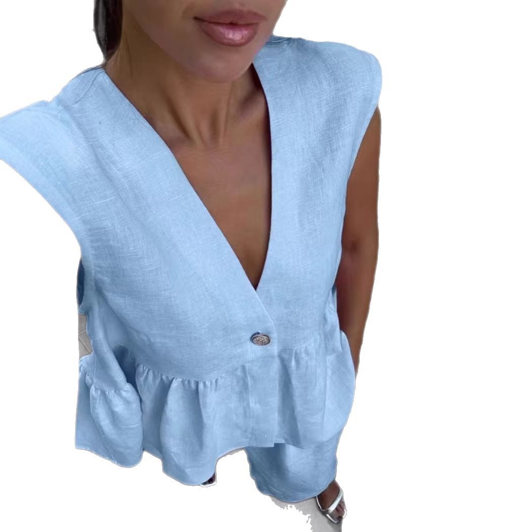 Cotton Linen V-Neck Button Sleeveless Vest and Pants Set Solid Color