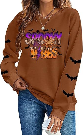 Women's Halloween Ghost Pumpkin Bat Print Crewneck Sweatshirt
