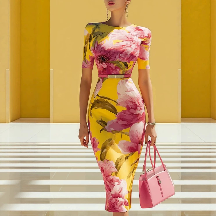 Women's Floral Print Short Sleeve Round Neck Ruched Slim Midi Dress
