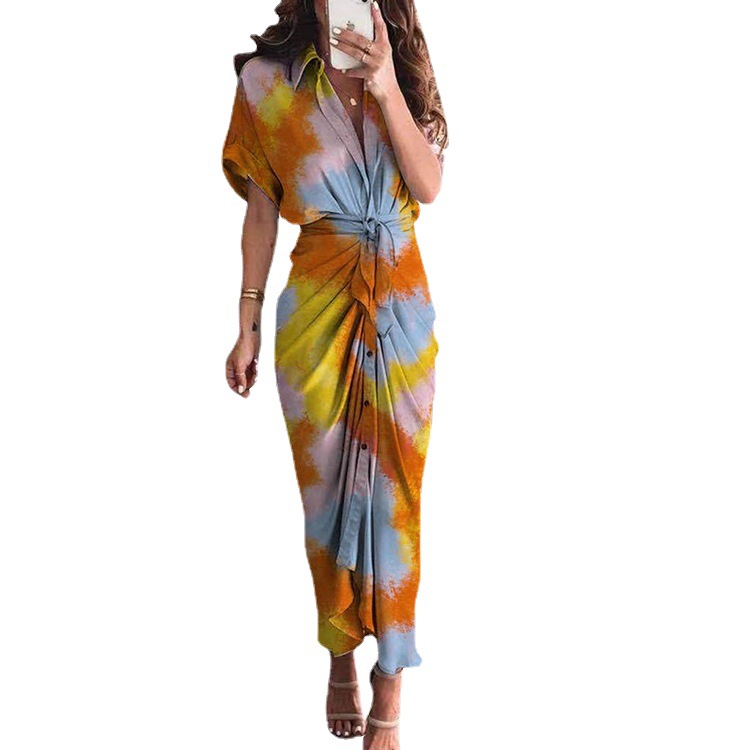 Women's Asymmetrical Midi Dress V-Neck Short Sleeve High Waist