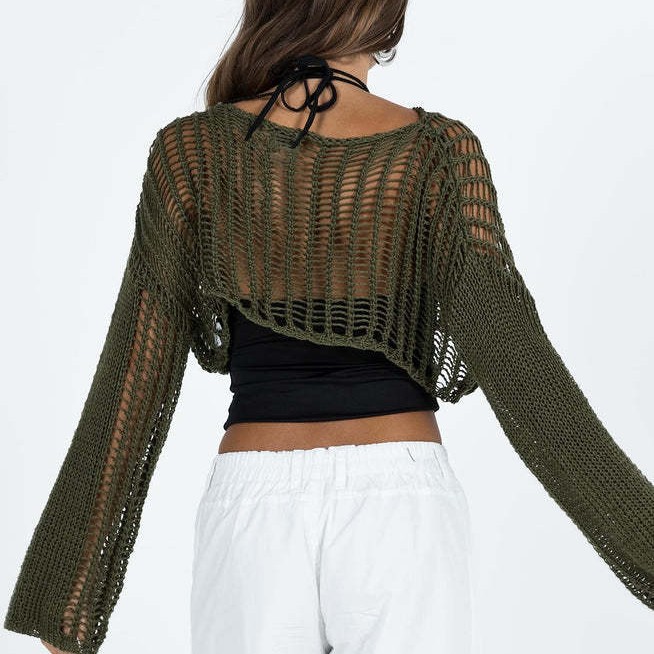 Women's Summer Crewneck Long Sleeve Open Knit Crop Top