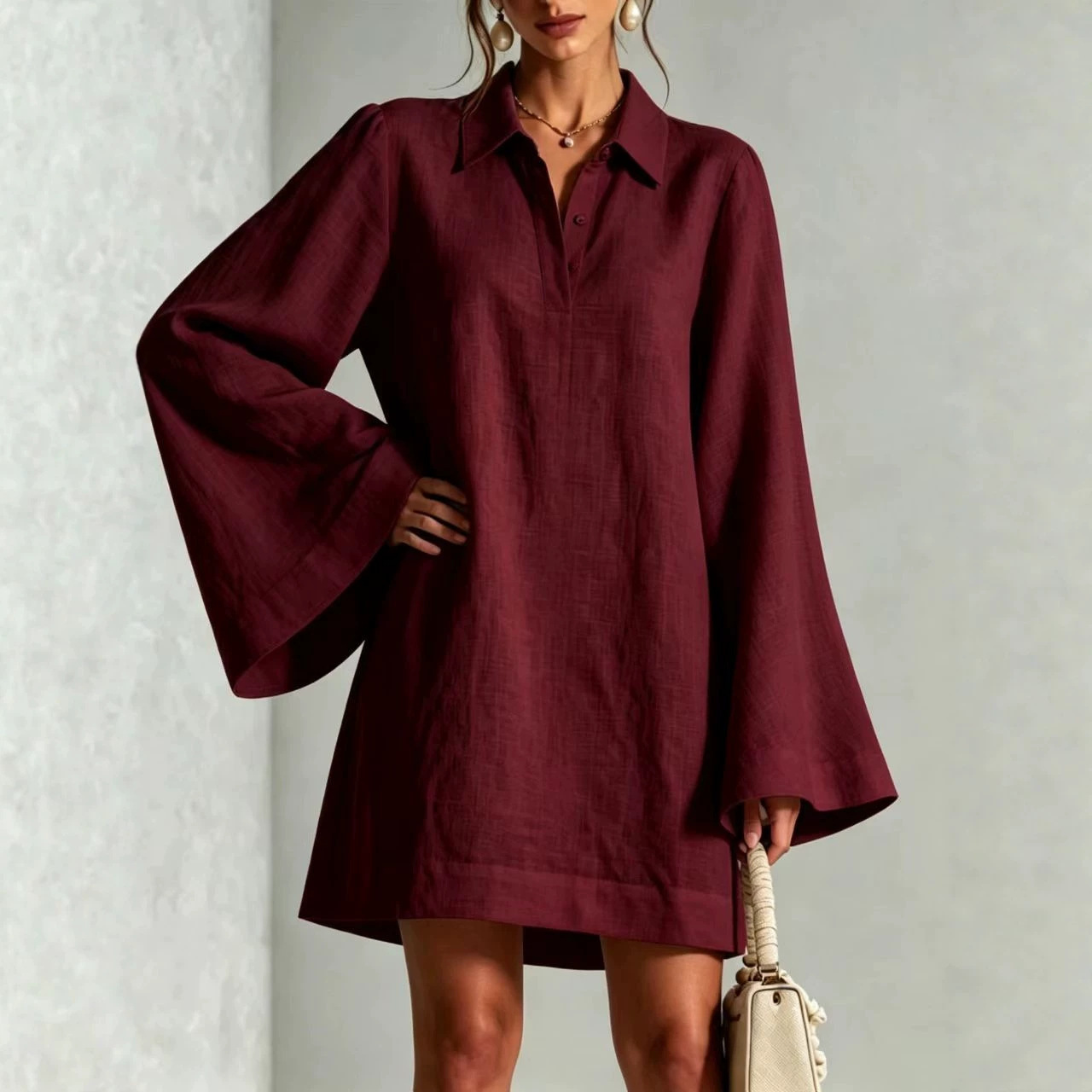 Women's Solid Color Flare Sleeve Dress with Lapel Collar, Loose Casual Midi