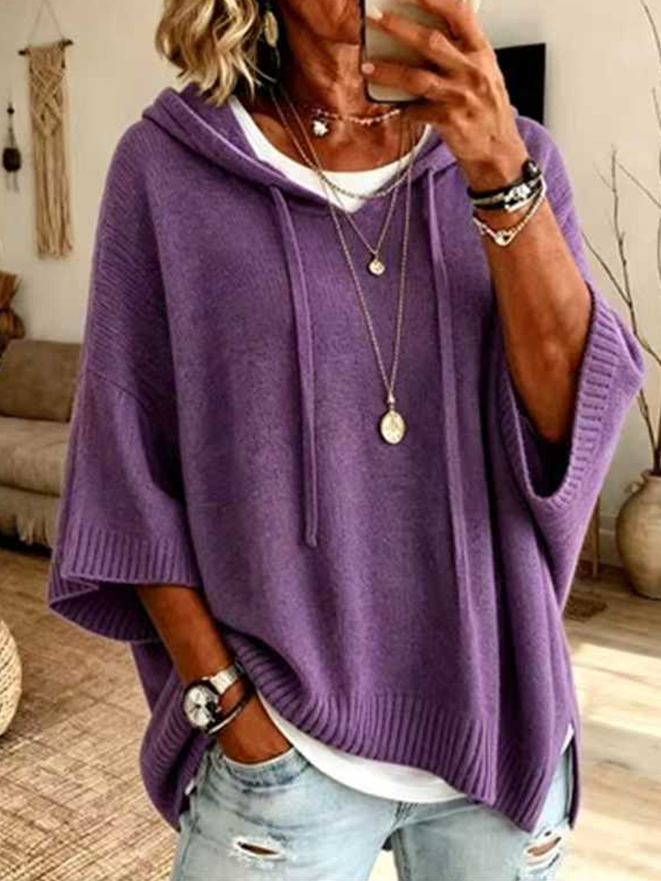 Women's Solid Hooded Knit Sweater Loose Fit Pullover