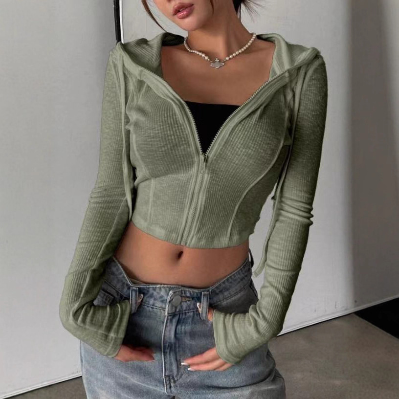 Women's Slim Fit Zip-Up Hooded Cardigan Knit Top