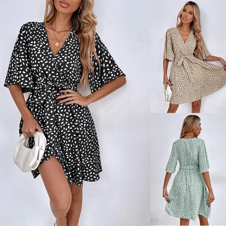 V-Neck Short Sleeve Cinched Waist Dress