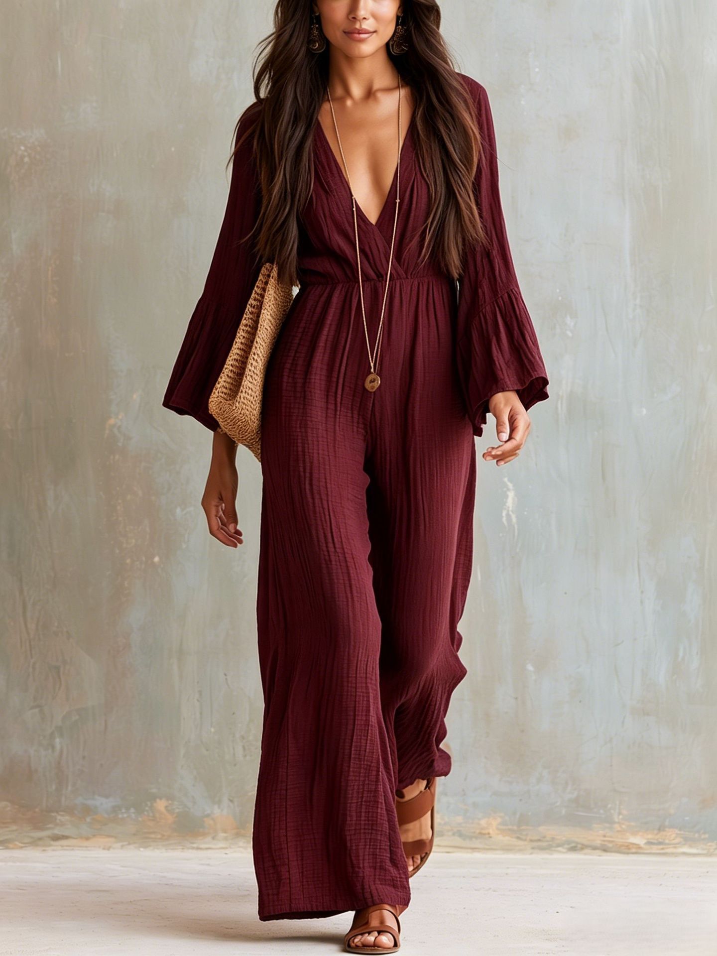 Women's Long Sleeve V-Neck Boho Wide Leg Jumpsuit