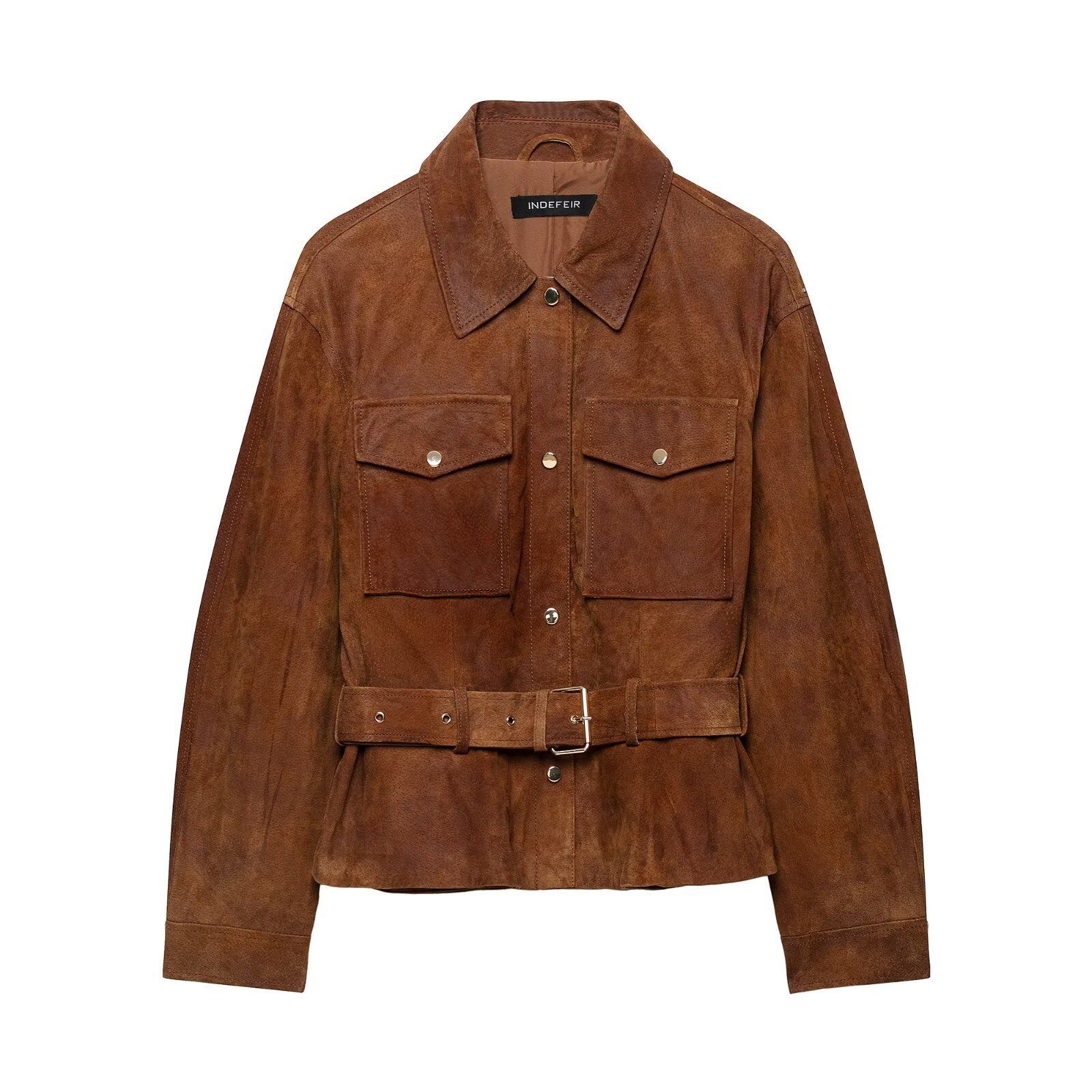 Women's Lapel Collar Button-Up Jacket in Coffee Brown