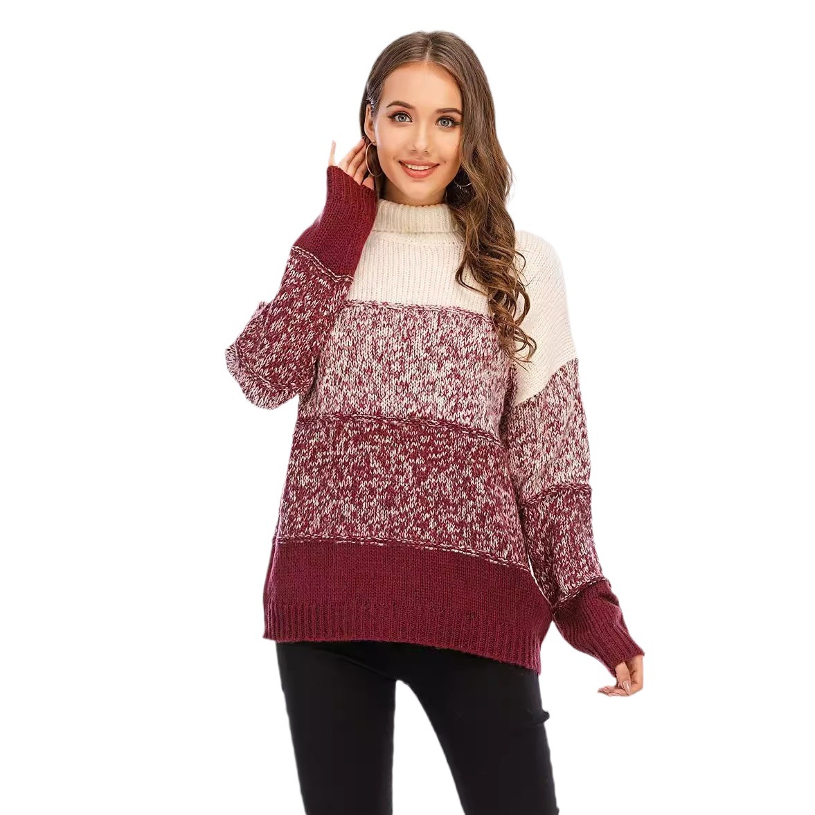 Plus Size Women's Patchwork Knit Sweater with High Neck, Loose Fit