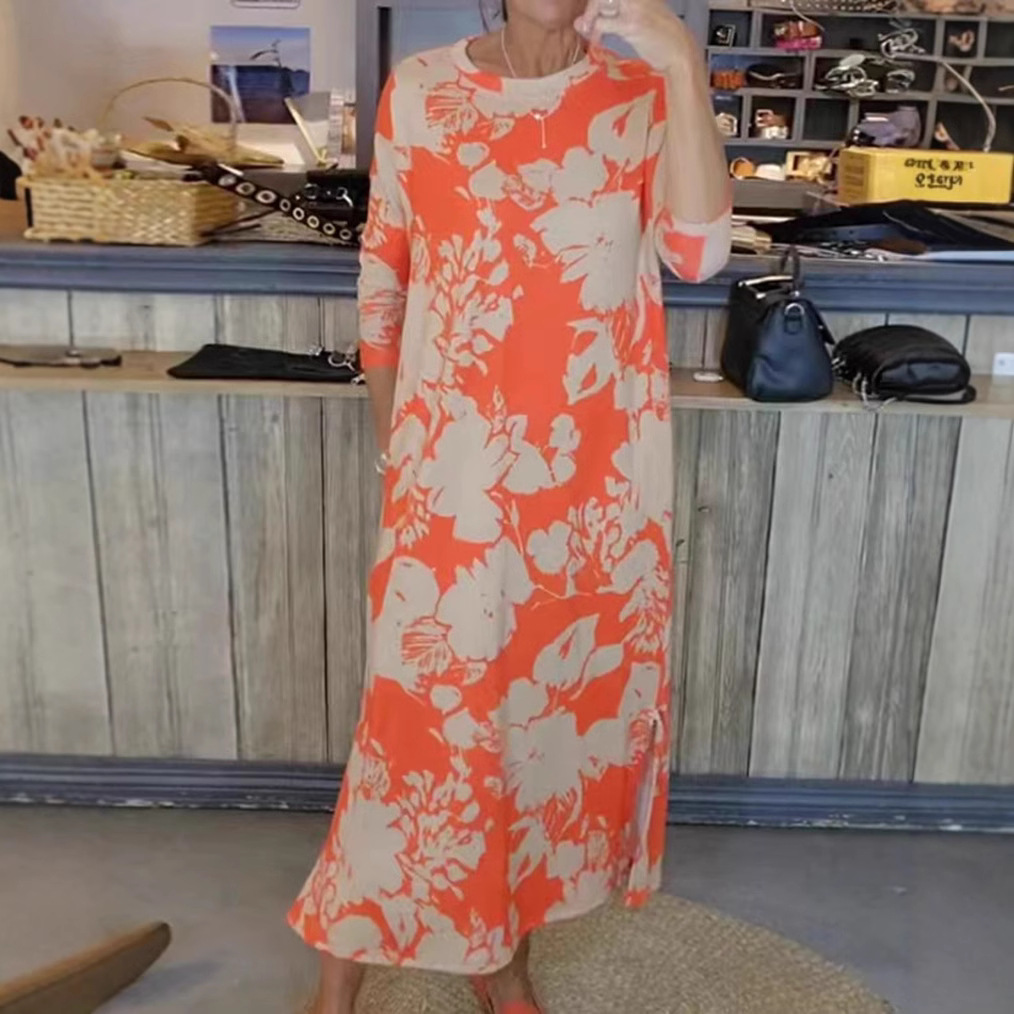 Printed Round Neck Long Sleeve Maxi Dress