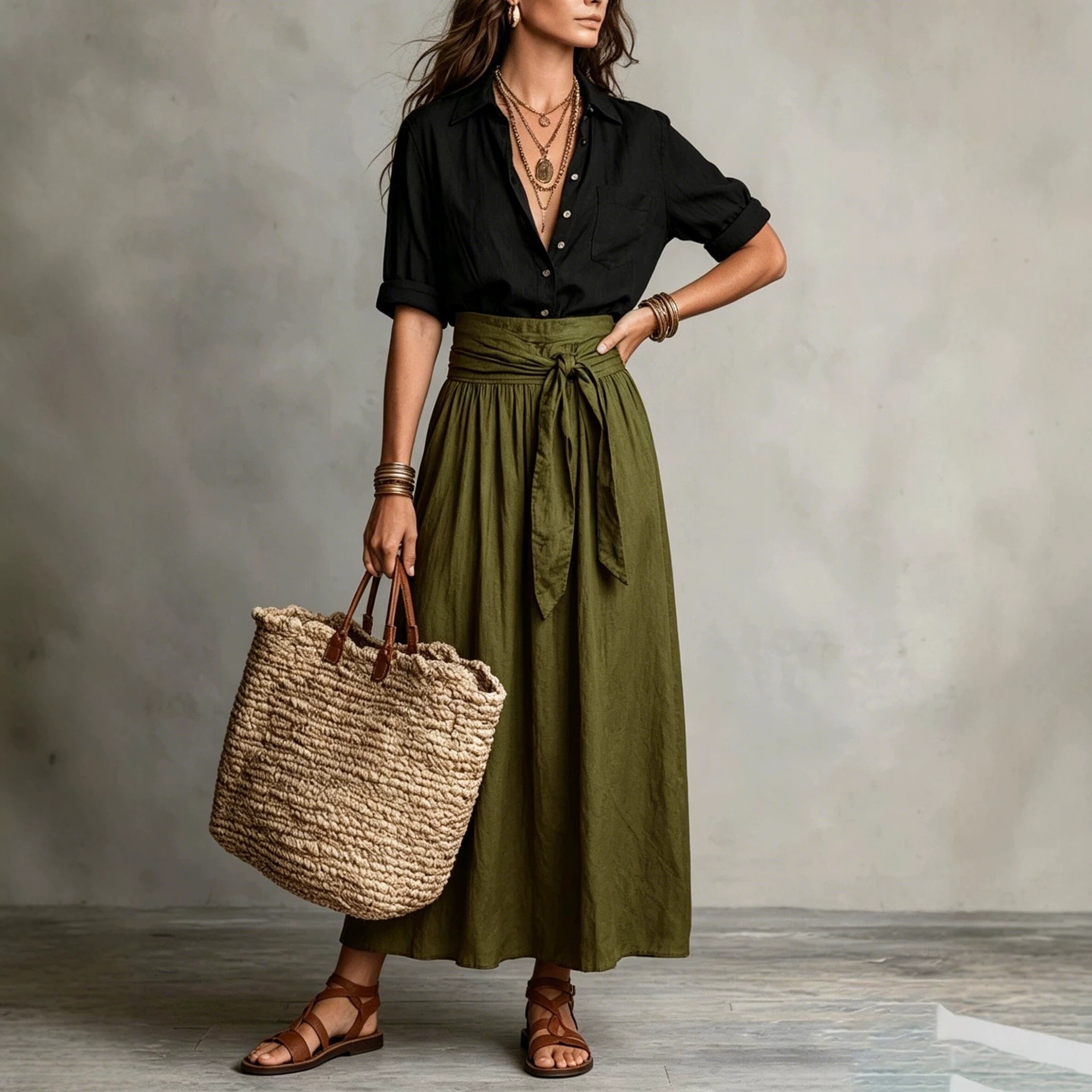 Women's Collared Shirt and Tie-Waist Midi Skirt Set