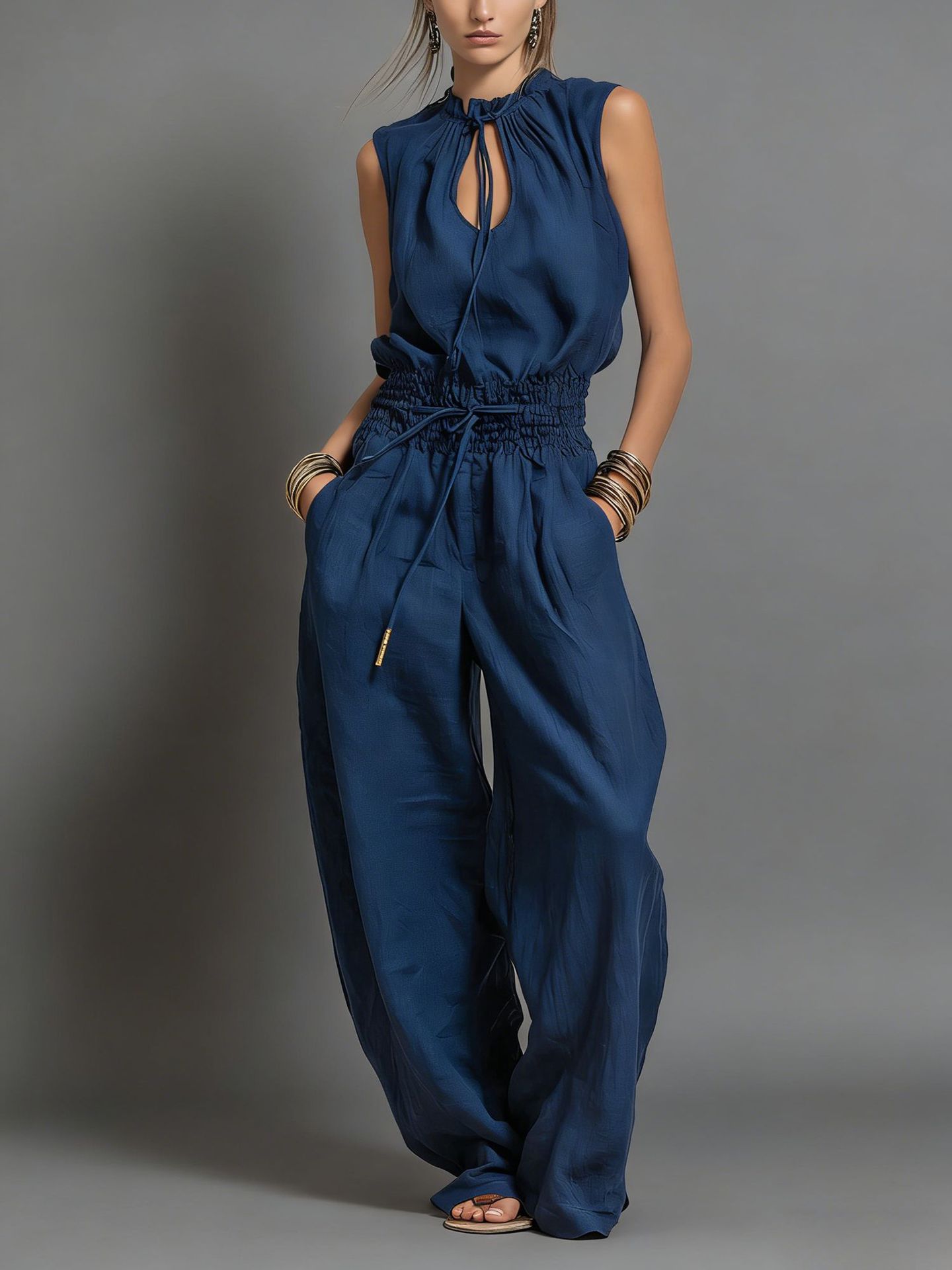 Women's Sleeveless Wide-Leg Jumpsuit with Cinched Waist Streetwear