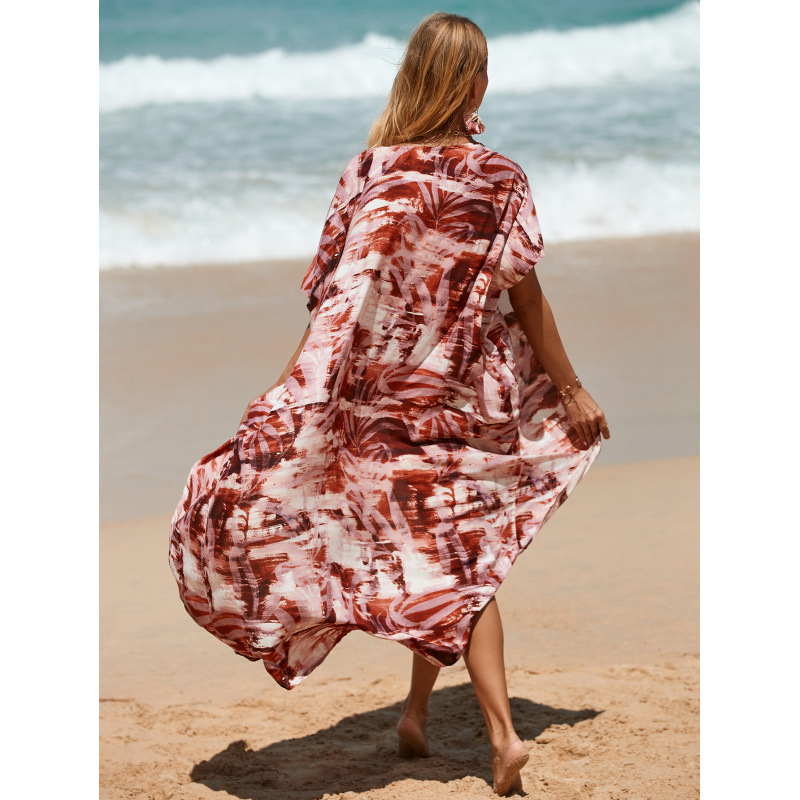 Leaf Print Beach Cover-Up Sheer Open-Front Cardigan