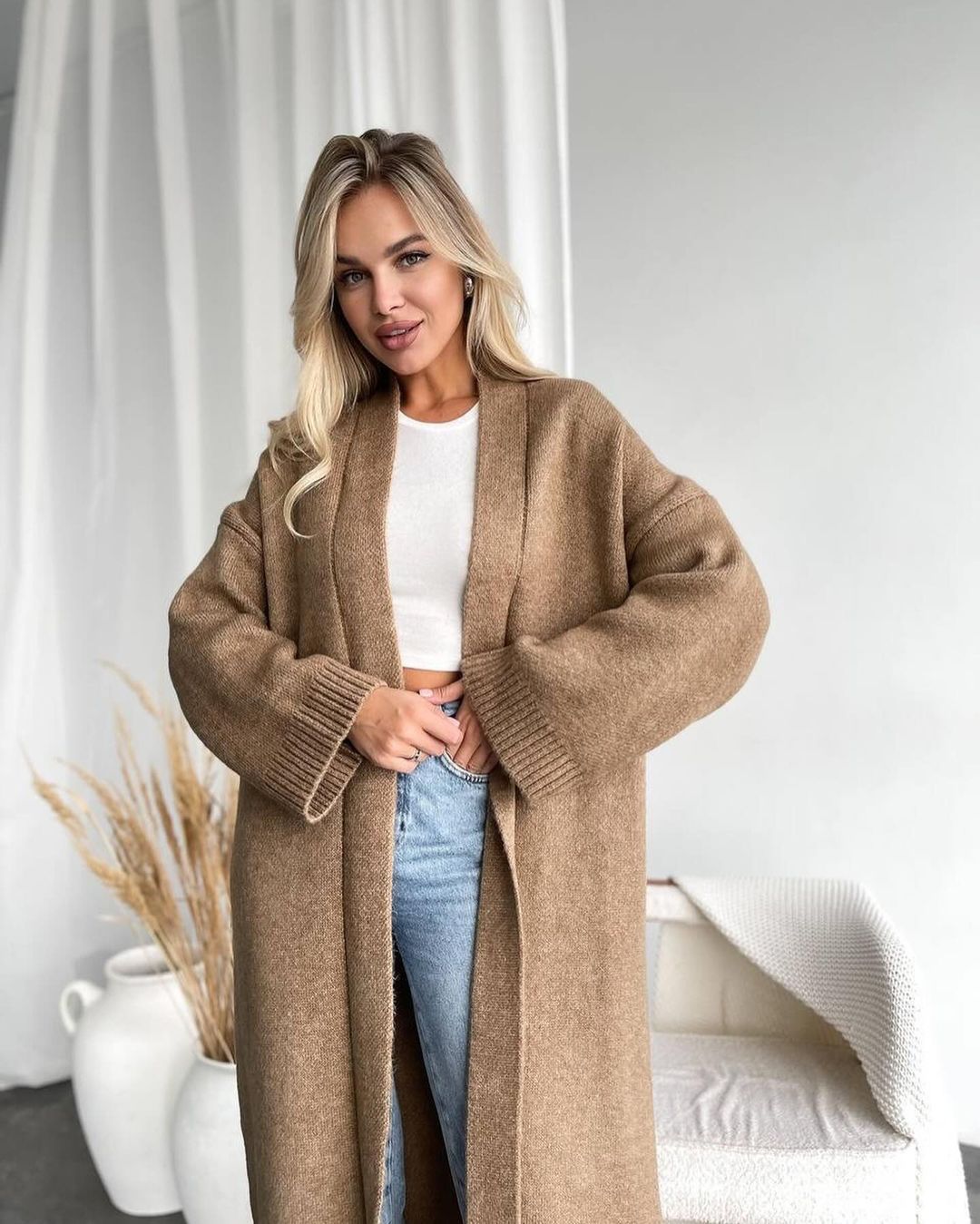 Women's Collarless Long Cardigan Sweater Coat Elegant Loose Fit