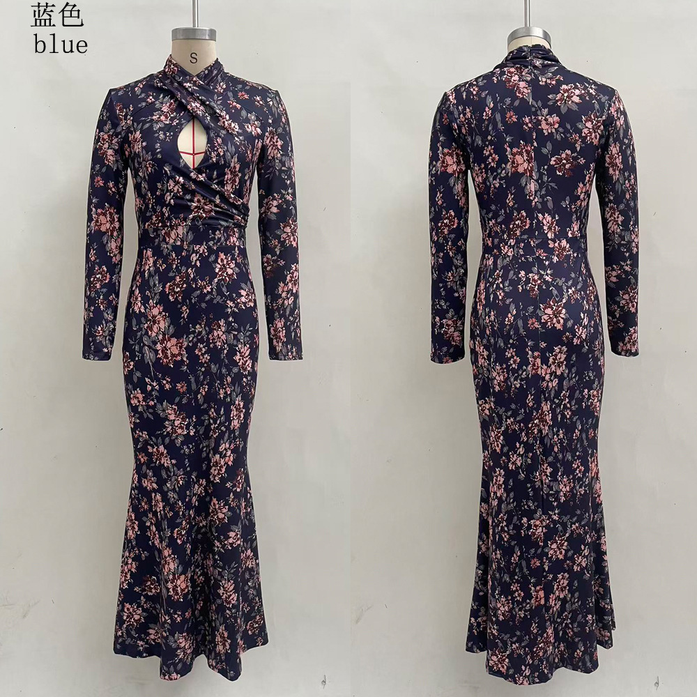 Vintage Floral Print Slim-Fit Long-Sleeve Bodycon Dress