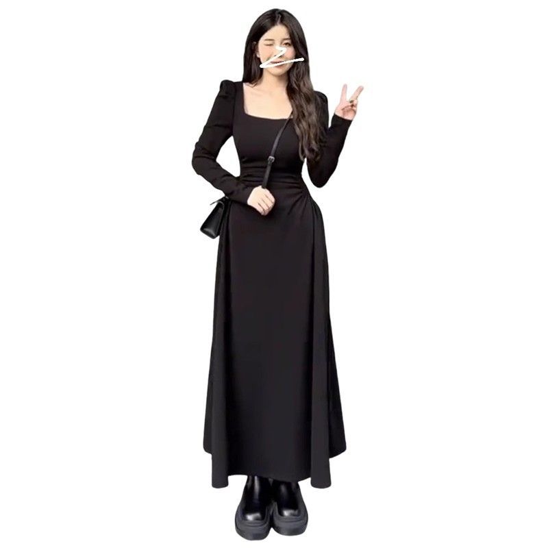 White Long Sleeve A-Line Midi Dress with U-Neck and Cinched Waist