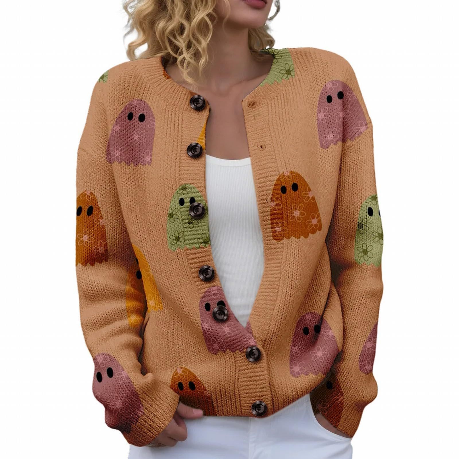 Women's Halloween Ghost Pumpkin Print Button Cardigan Sweater