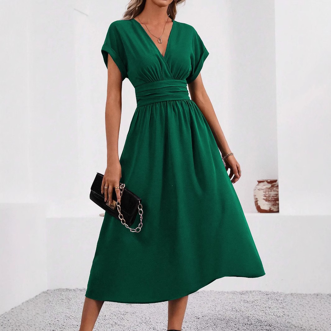 Women's Solid Overlap V-Neck Batwing Sleeve Ruched Waist Long Dress
