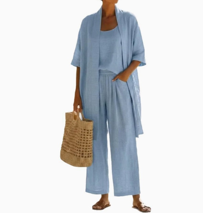 Women's Summer Breathable Linen 3-Piece Set White Cardigan Cami Wide-Leg Pants