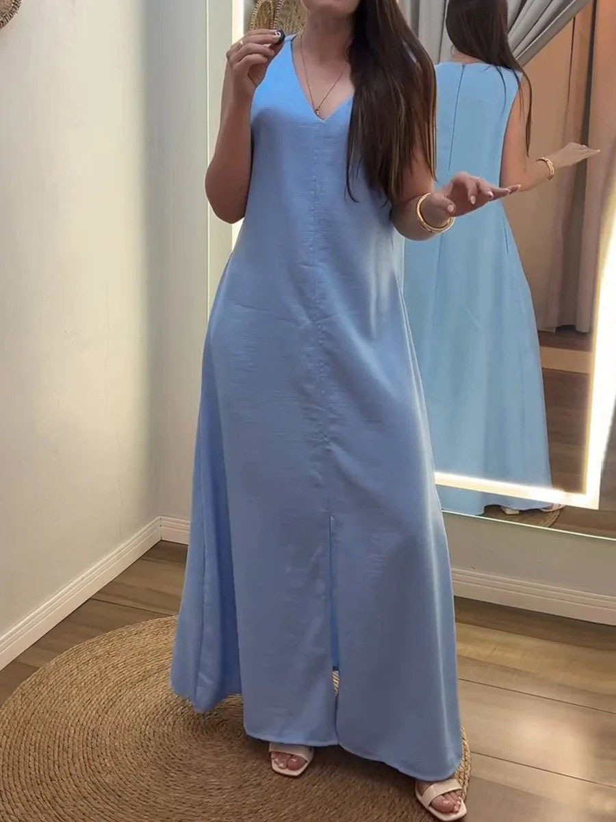 Women's Solid V-Neck Sleeveless Loose Cotton-Linen Maxi Dress