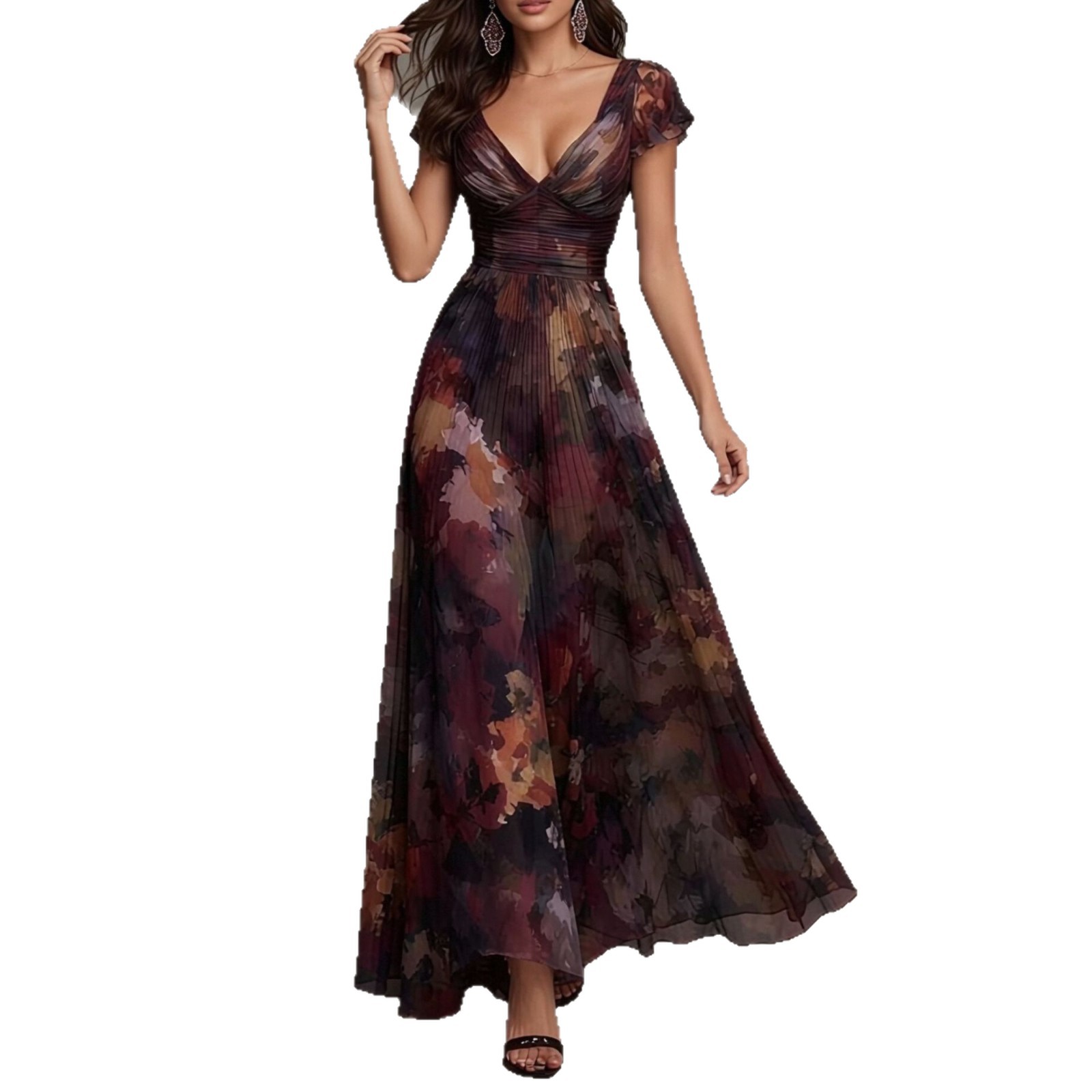 Elegant Floral Print V-Neck French Midi Dress