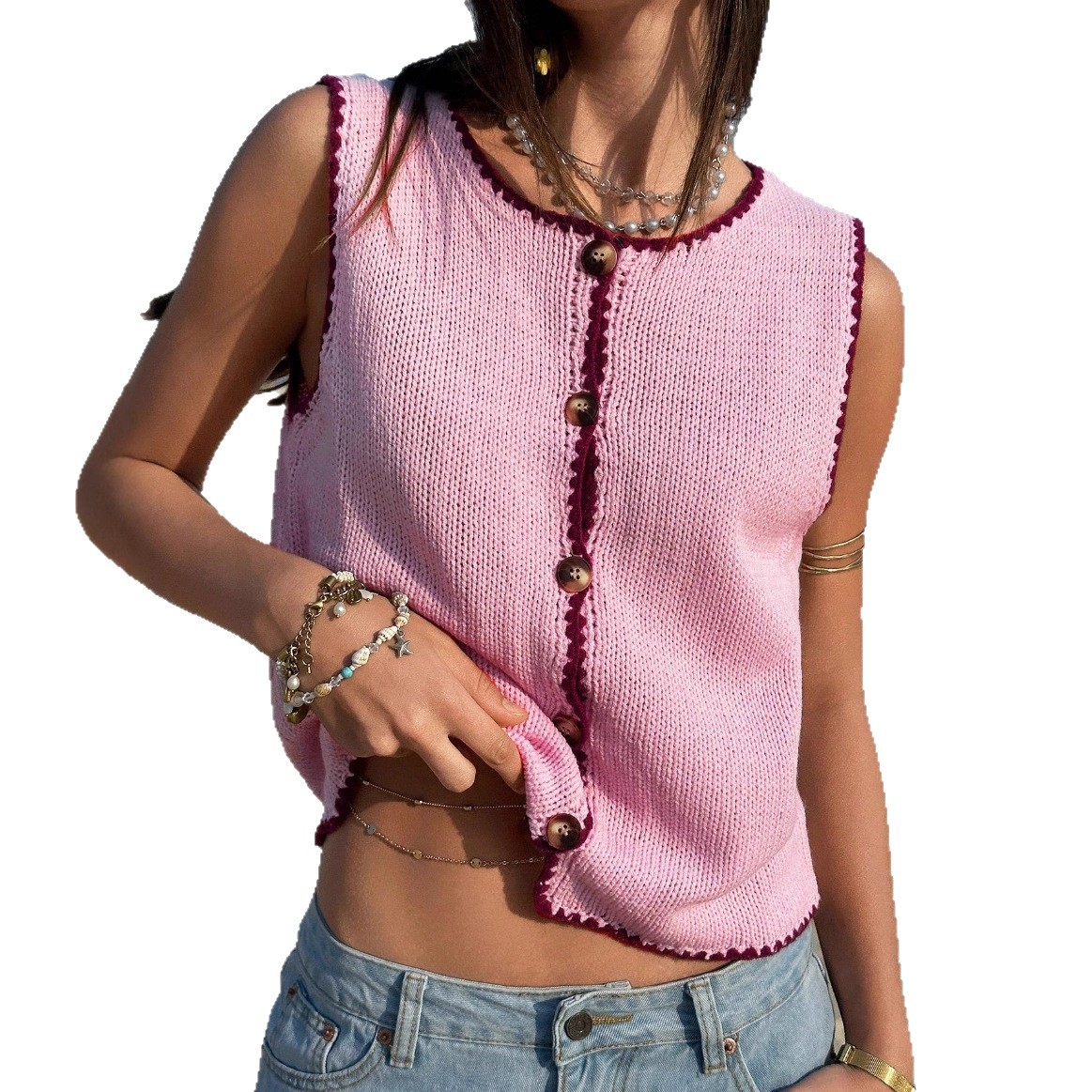 Women's Colorblock Trim Button-Front Sleeveless Sweater Vest