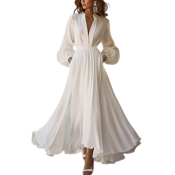 Women's Long Sleeve V-Neck Pleated Belted Maxi Dress Solid White
