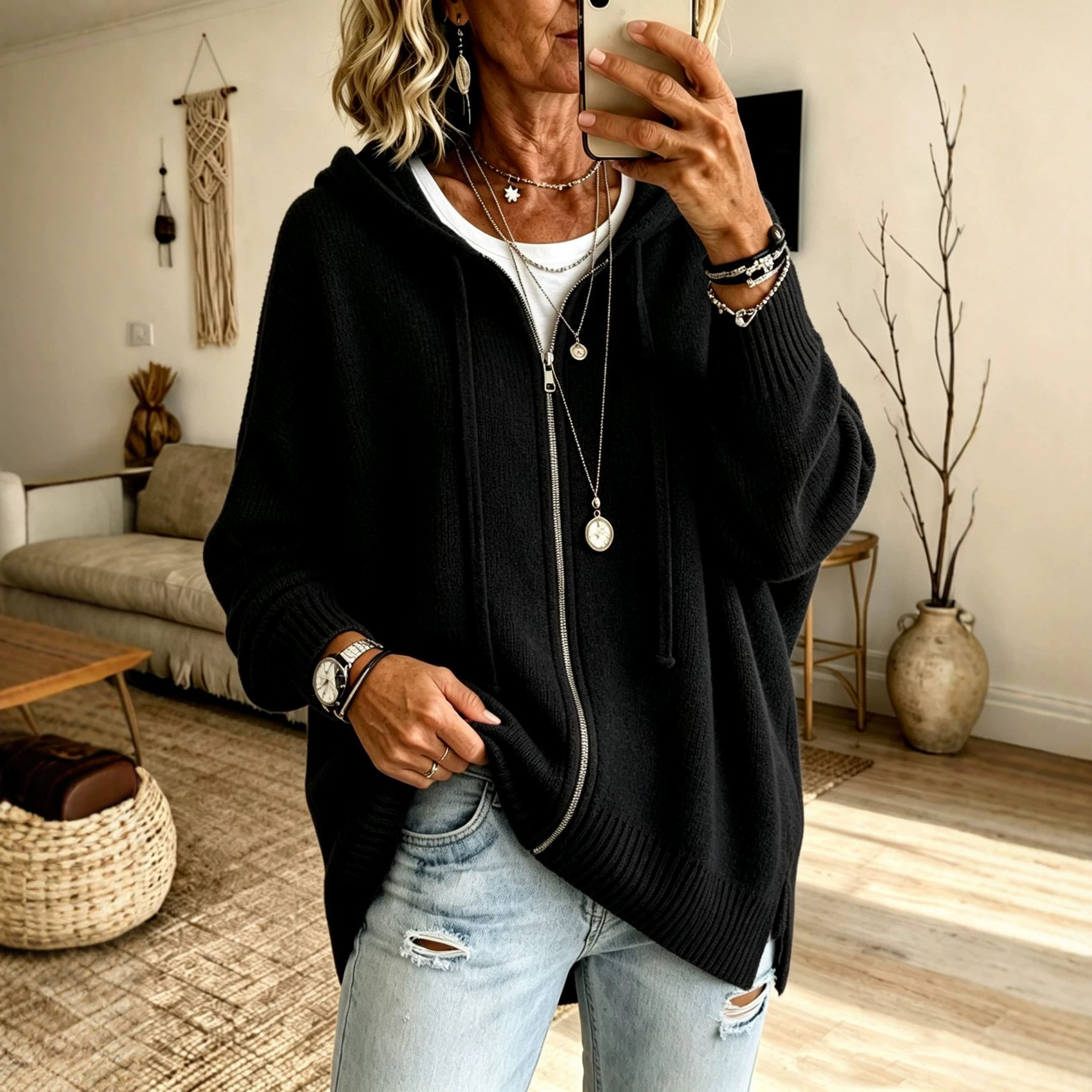 Women's Zip-Up Hooded Knit Cardigan Sweater