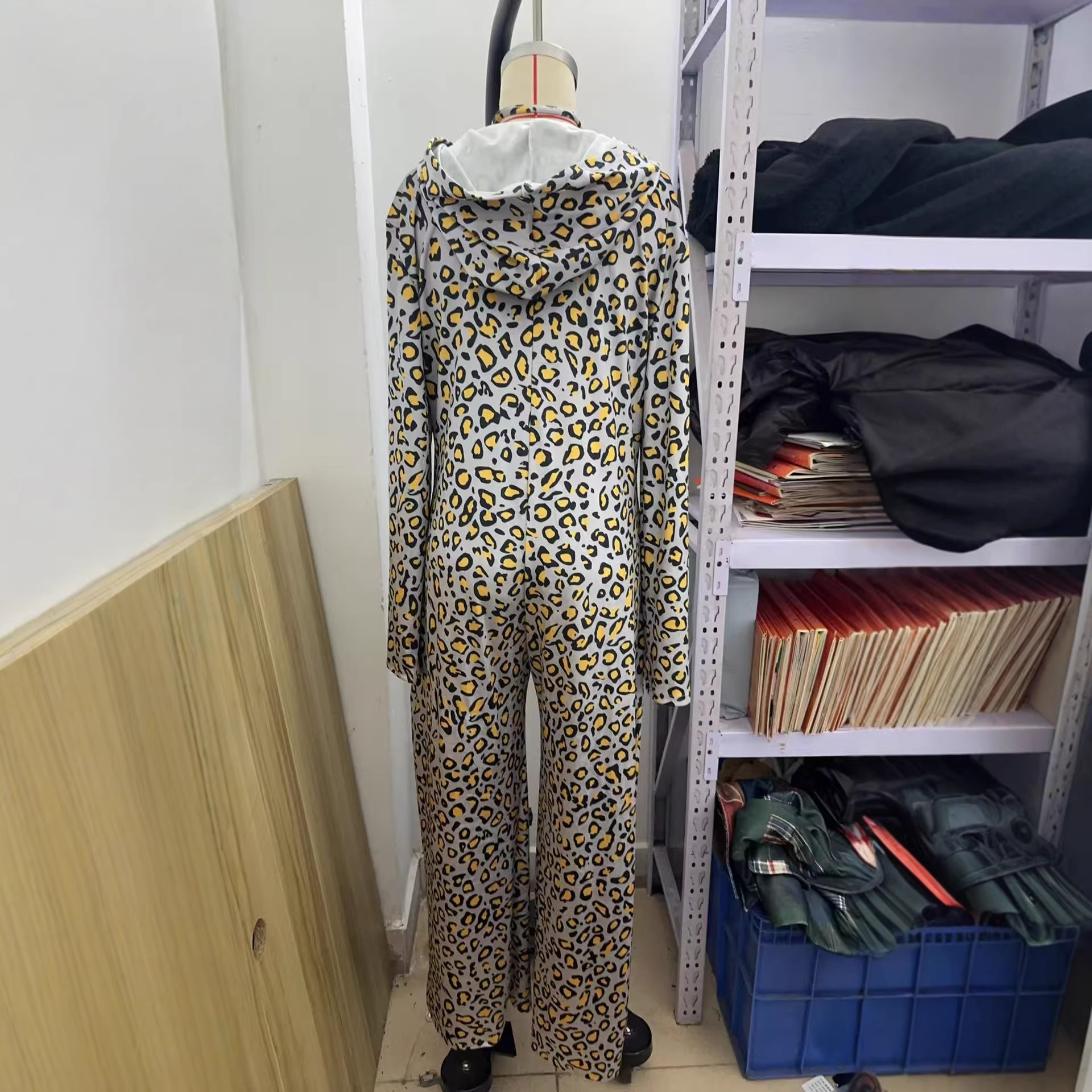 Leopard Print Velvet Hooded Wide-Leg Jumpsuit