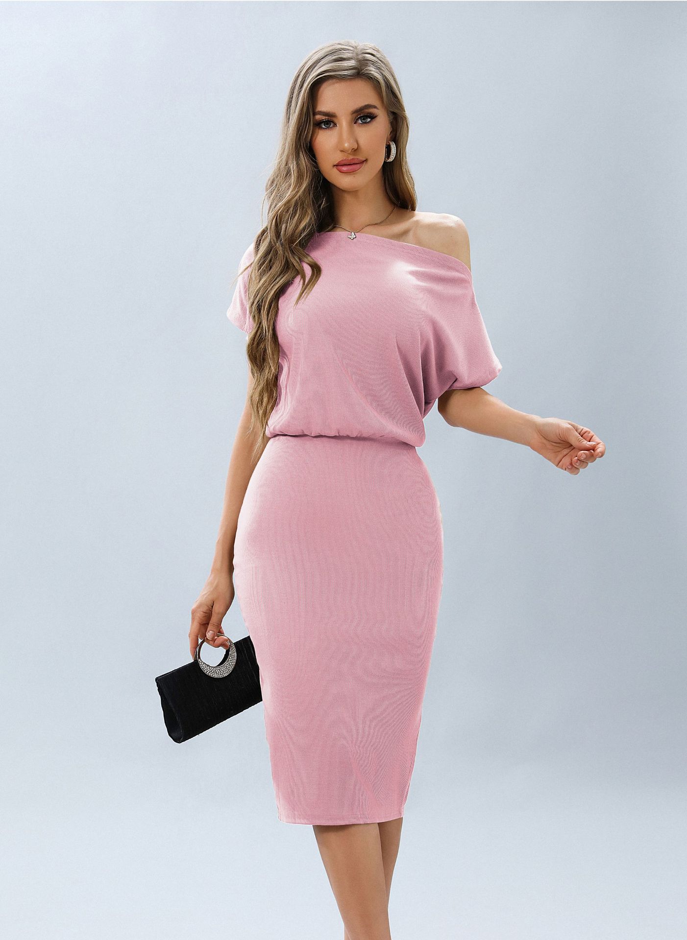 Solid Ribbed One-Shoulder Bodycon Midi Dress