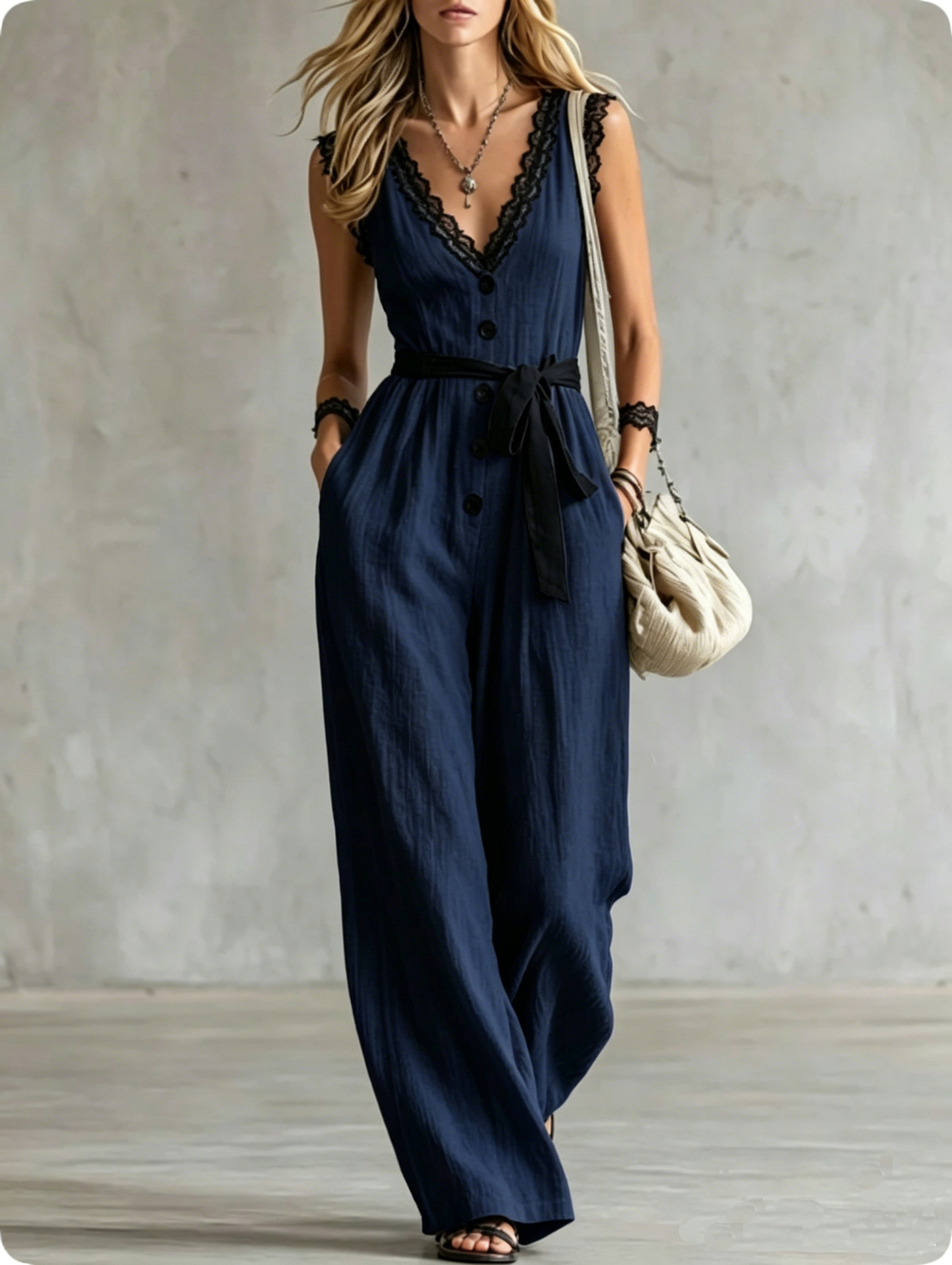 High-Waist Straight-Leg Wide-Leg Jumpsuit with Drape, Slimming, Faux Cotton-Linen