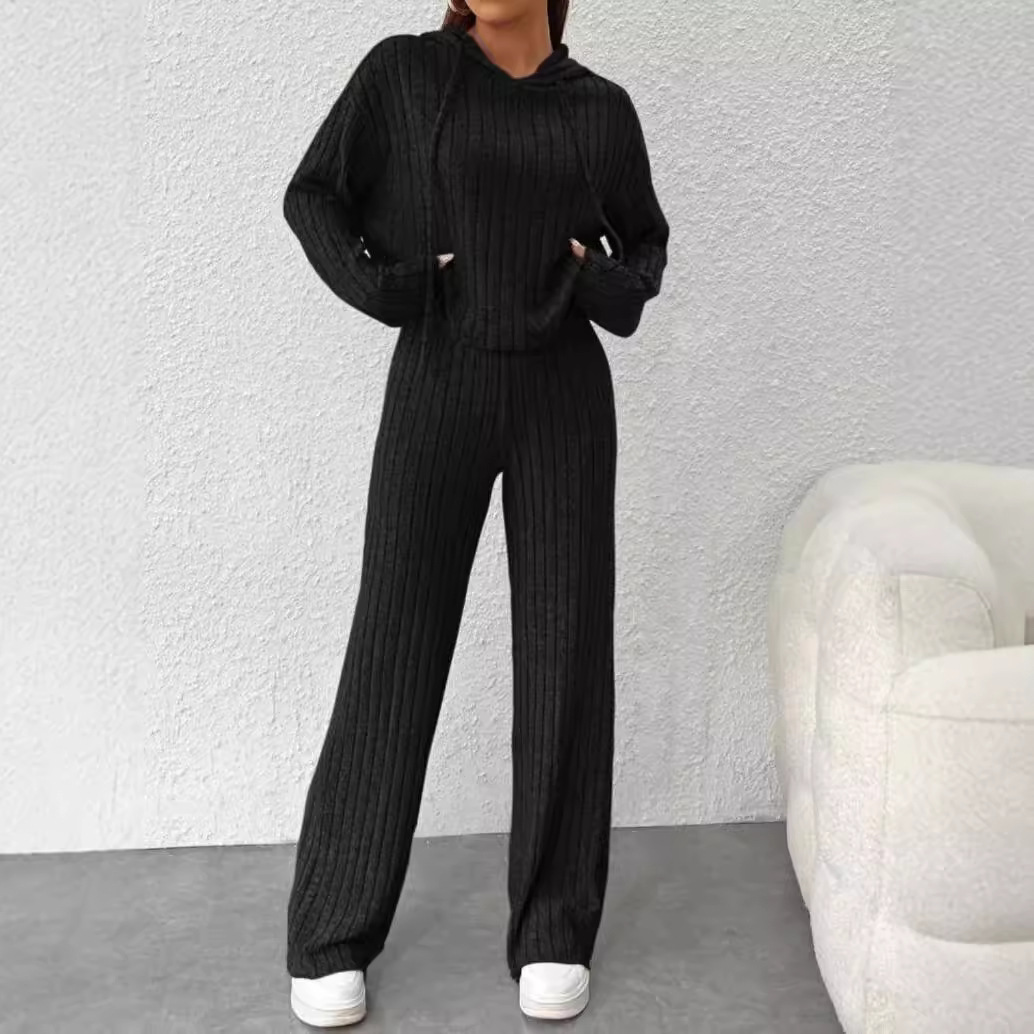 Striped Hooded Knit Sweatsuit Set Long Sleeve Top & Pants Relaxed Fit