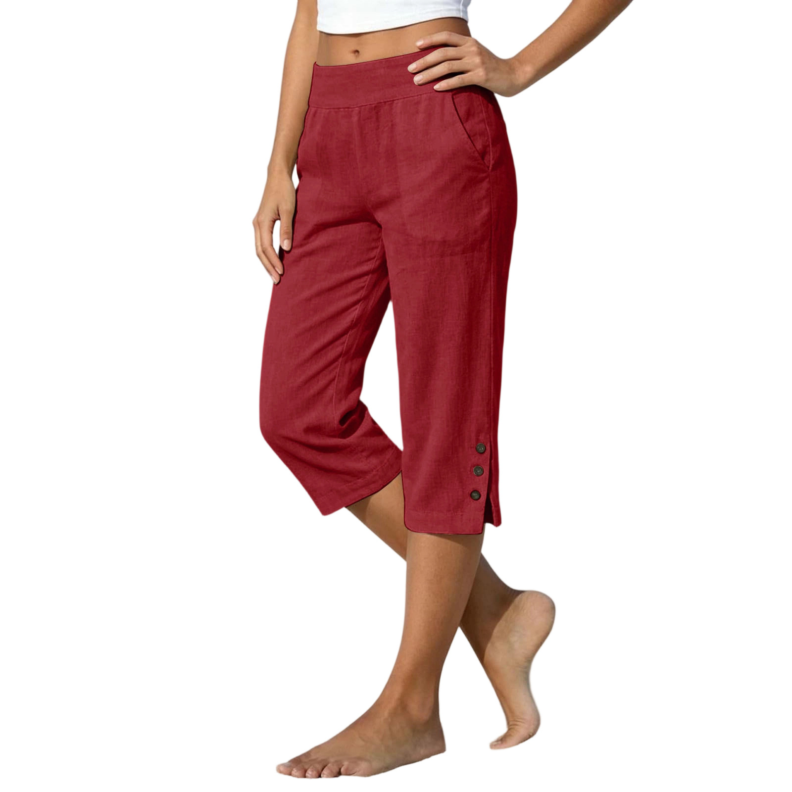 2026 Summer Women's Cotton-Linen Capri Pants High Waist Loose Straight Leg Slit Button Casual Pants Cross-Border Women's