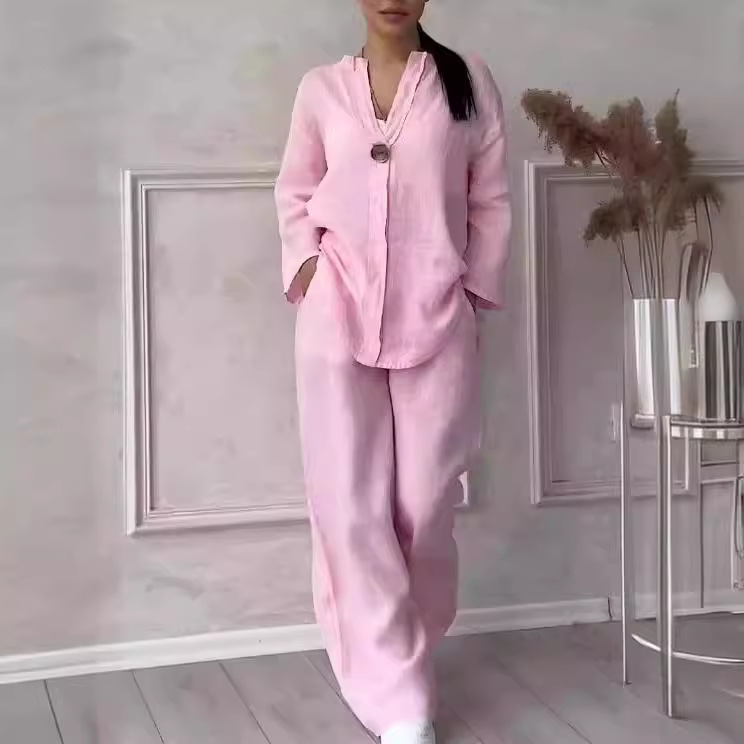 Women's Solid Color Cotton-Linen Casual Pant Set