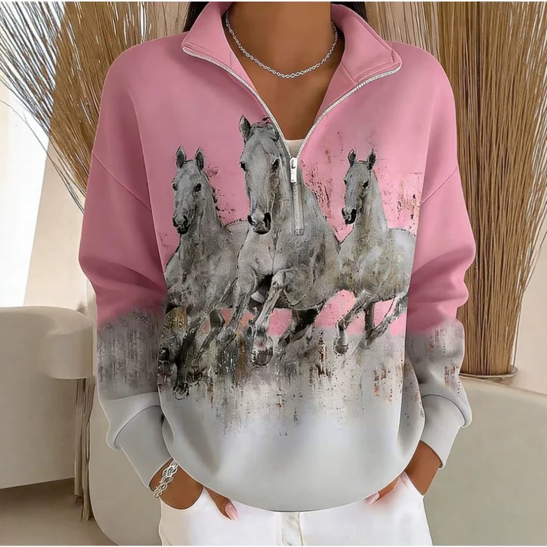Galloping Horse Print Half-Zip Hoodie for Women