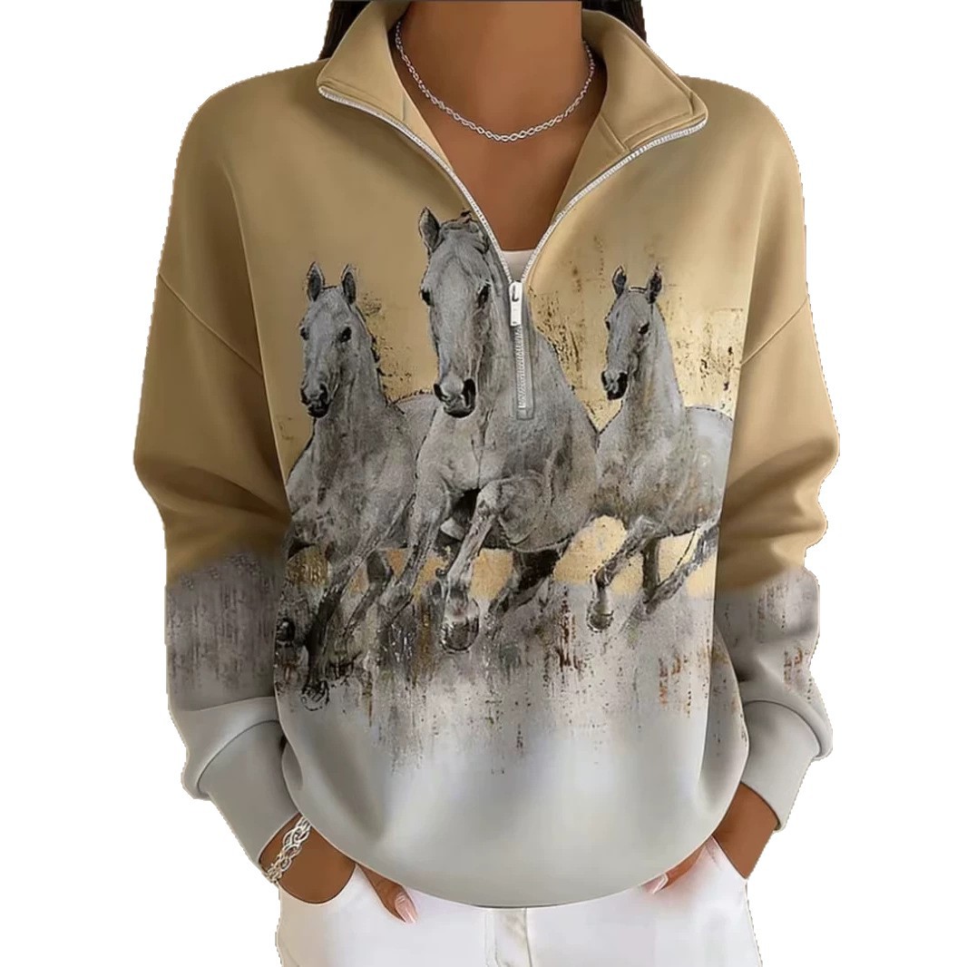 Galloping Horse Print Half-Zip Hoodie for Women