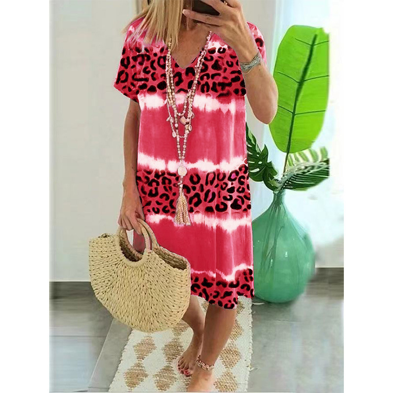 Women's Short Sleeve Leopard Print V-Neck Casual Midi Dress